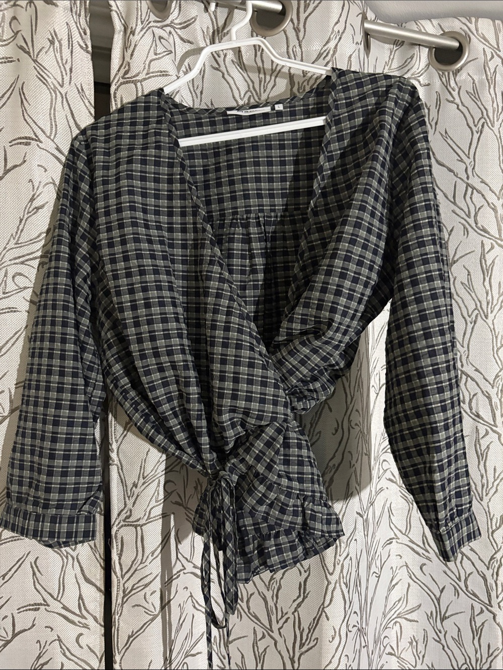 Plaid Wrap Tie-Front Blouse - Black and Gray